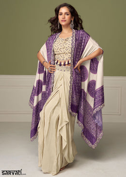 Palatinate Purple Chinon Silk Indo-Western Suit with Mirror Embellishments