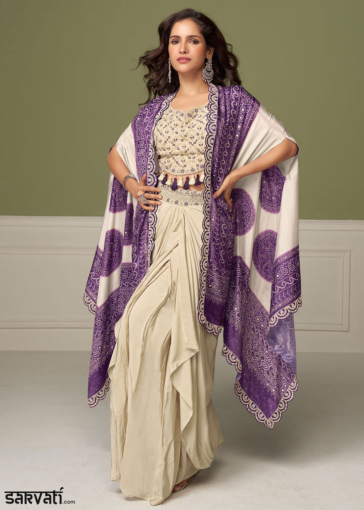 Palatinate Purple Chinon Silk Indo-Western Suit with Mirror Embellishments