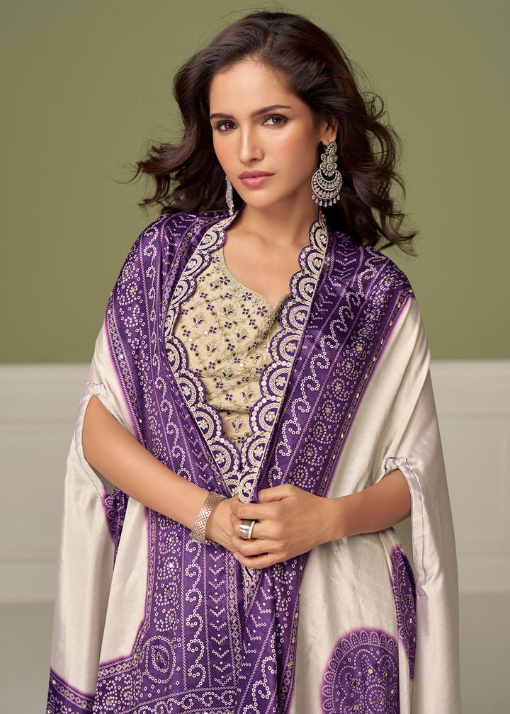 Palatinate Purple Chinon Silk Indo-Western Suit with Mirror Embellishments