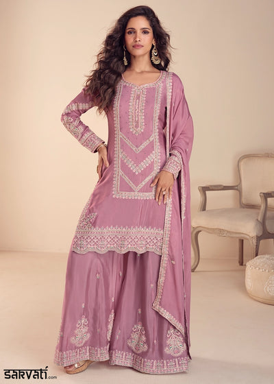 Pinkish Purple Chinon Silk Palazzo Suit with Intricate Embroidery