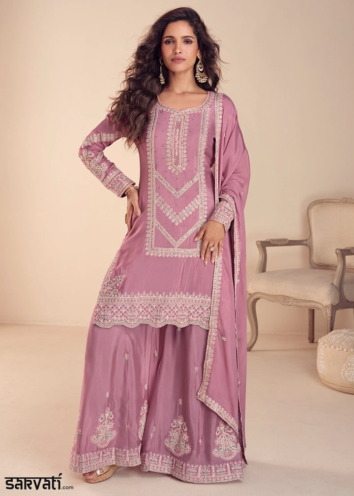 Pinkish Purple Chinon Silk Palazzo Suit with Intricate Embroidery