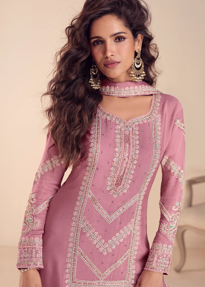 Pinkish Purple Chinon Silk Palazzo Suit with Intricate Embroidery