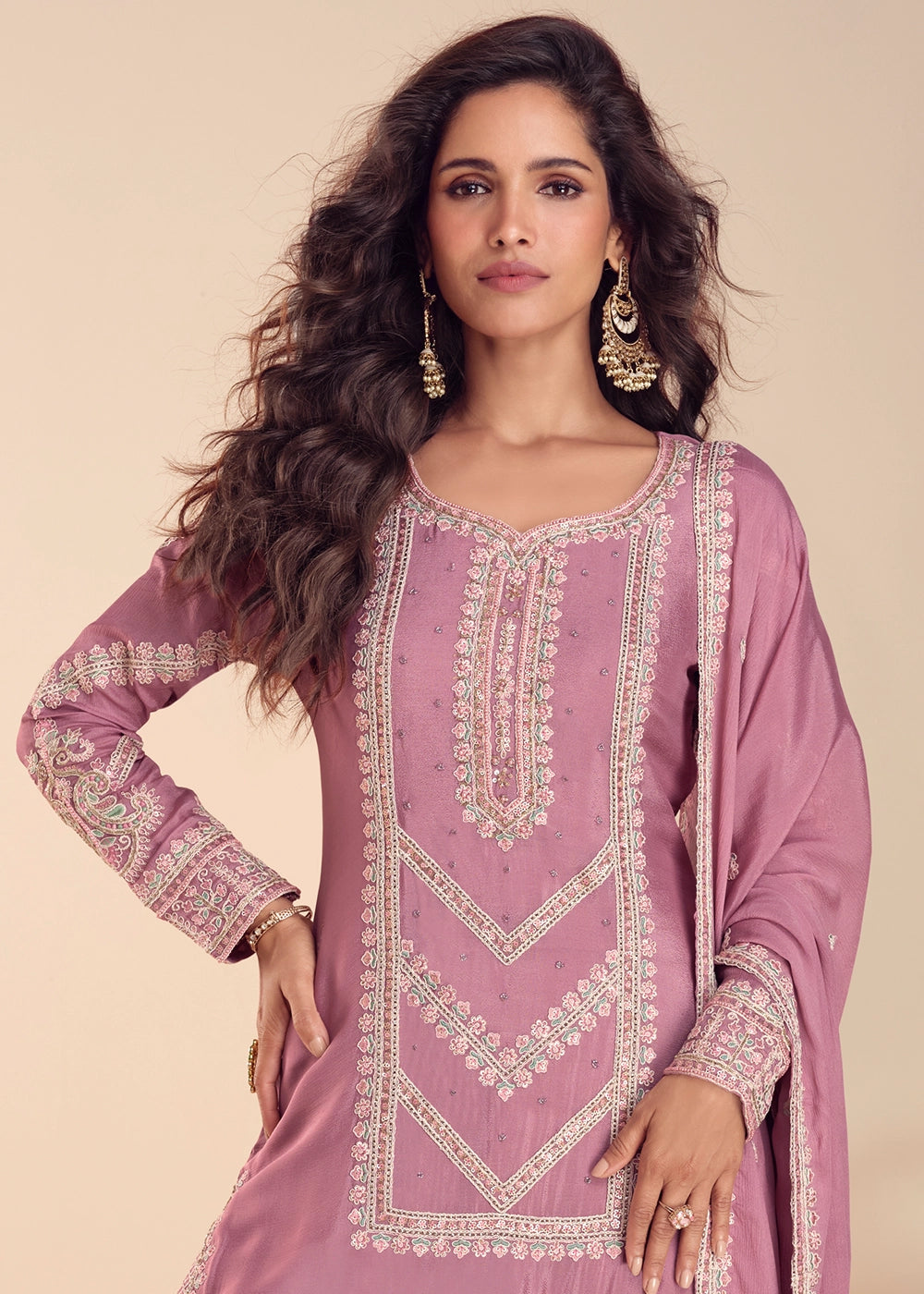 Pinkish Purple Chinon Silk Palazzo Suit with Intricate Embroidery