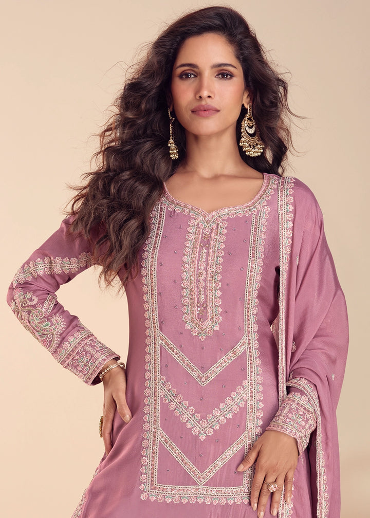 Pinkish Purple Chinon Silk Palazzo Suit with Intricate Embroidery