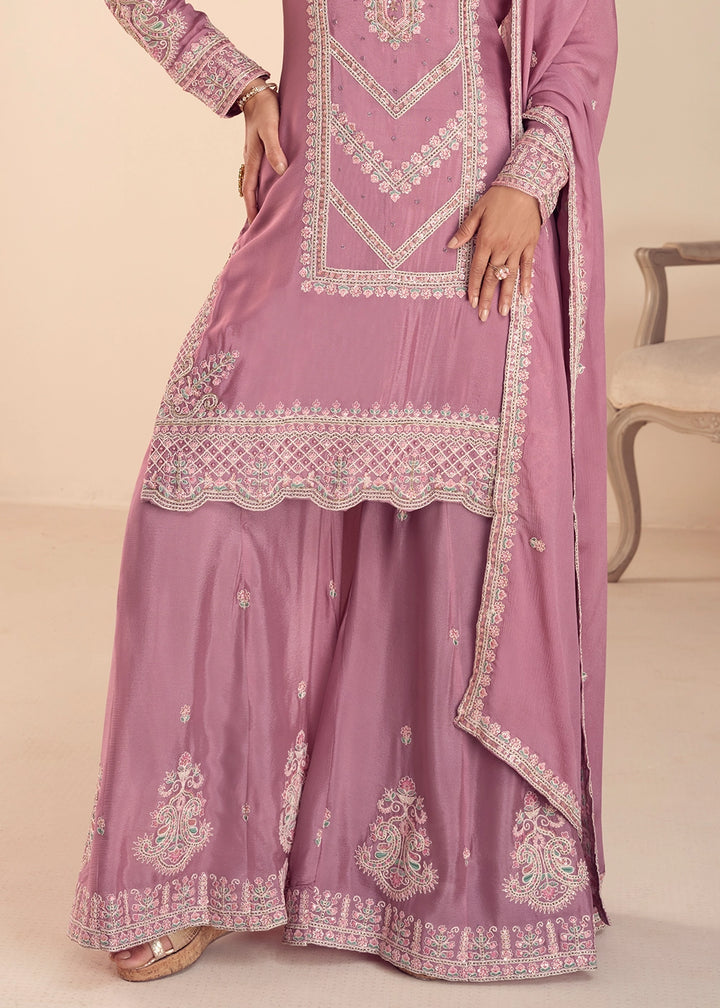 Pinkish Purple Chinon Silk Palazzo Suit with Intricate Embroidery