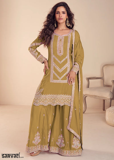 Flaxen Yellow Chinon Silk Palazzo Suit with Intricate Embroidery