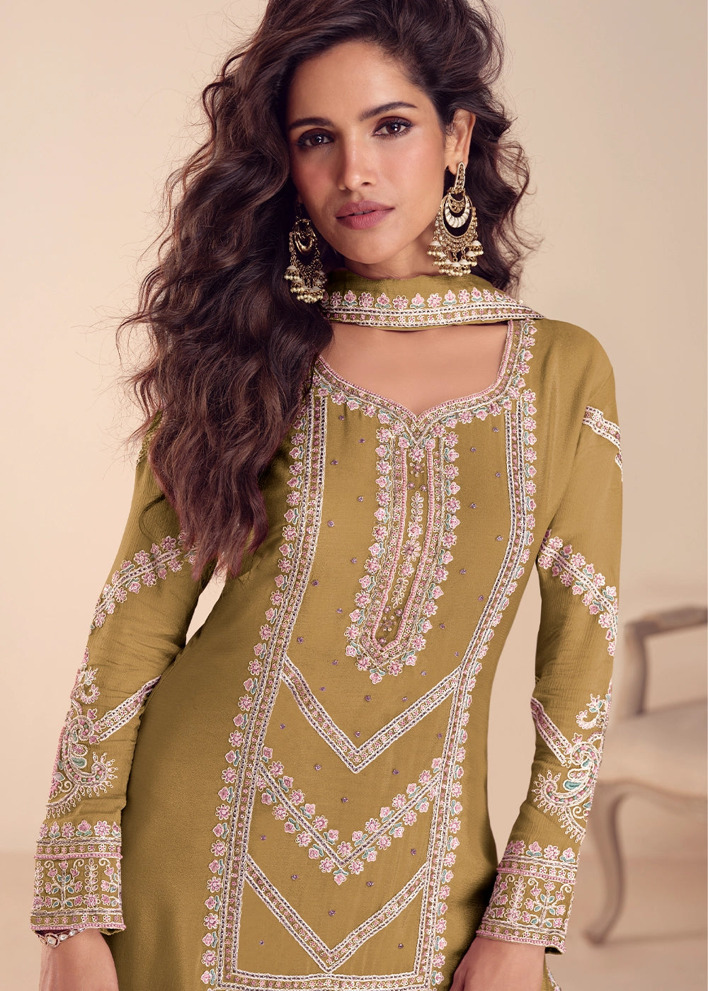Flaxen Yellow Chinon Silk Palazzo Suit with Intricate Embroidery