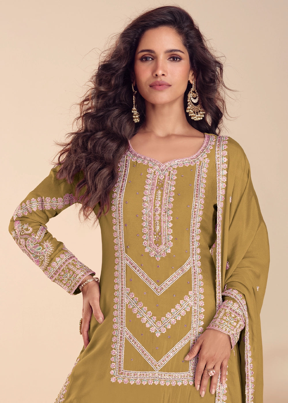 Flaxen Yellow Chinon Silk Palazzo Suit with Intricate Embroidery