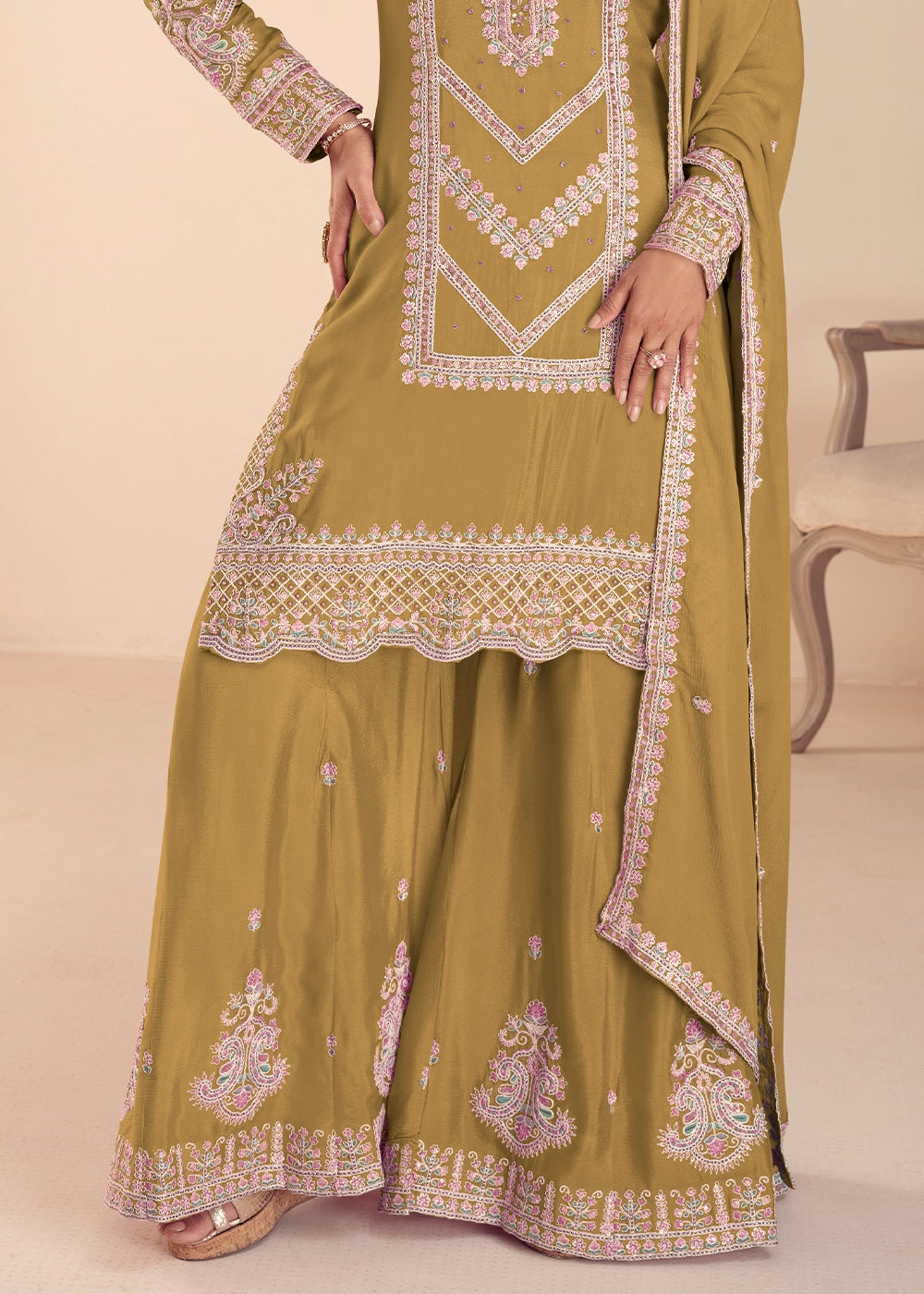 Flaxen Yellow Chinon Silk Palazzo Suit with Intricate Embroidery