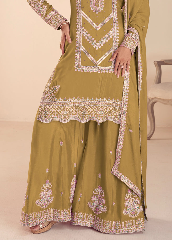 Flaxen Yellow Chinon Silk Palazzo Suit with Intricate Embroidery
