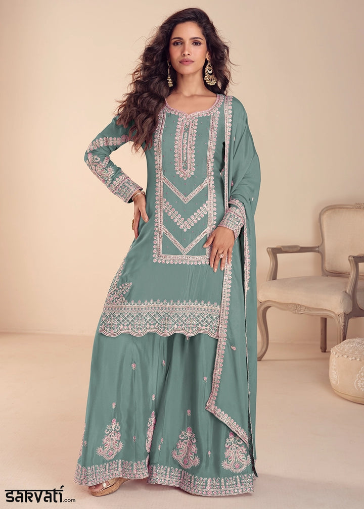 Blizzard Blue Chinon Silk Palazzo Suit with Intricate Embroidery