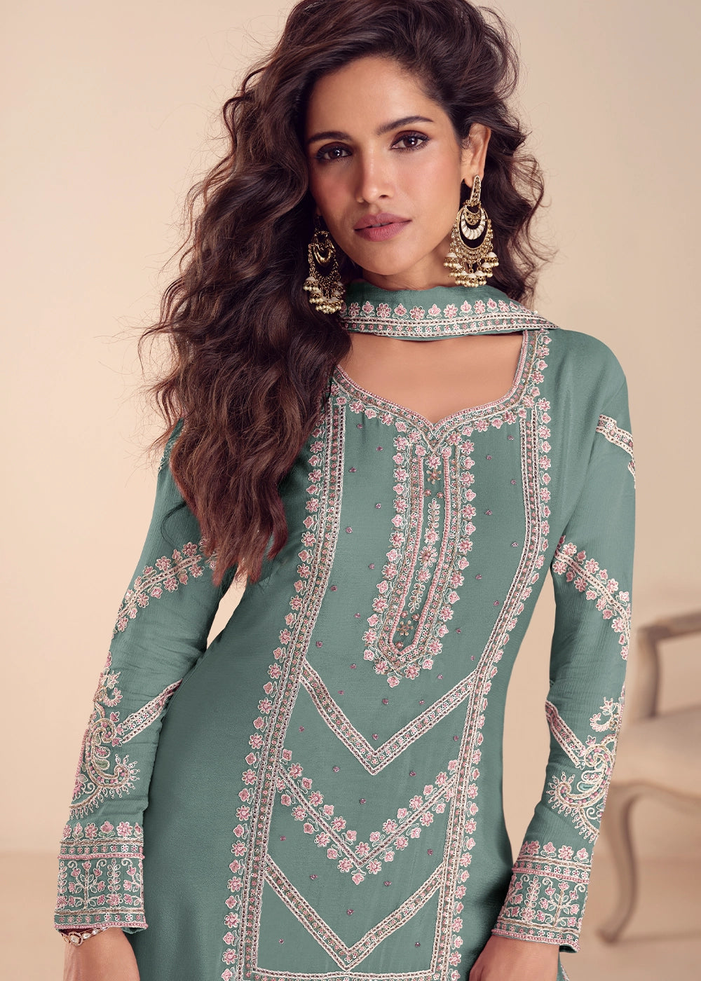 Blizzard Blue Chinon Silk Palazzo Suit with Intricate Embroidery