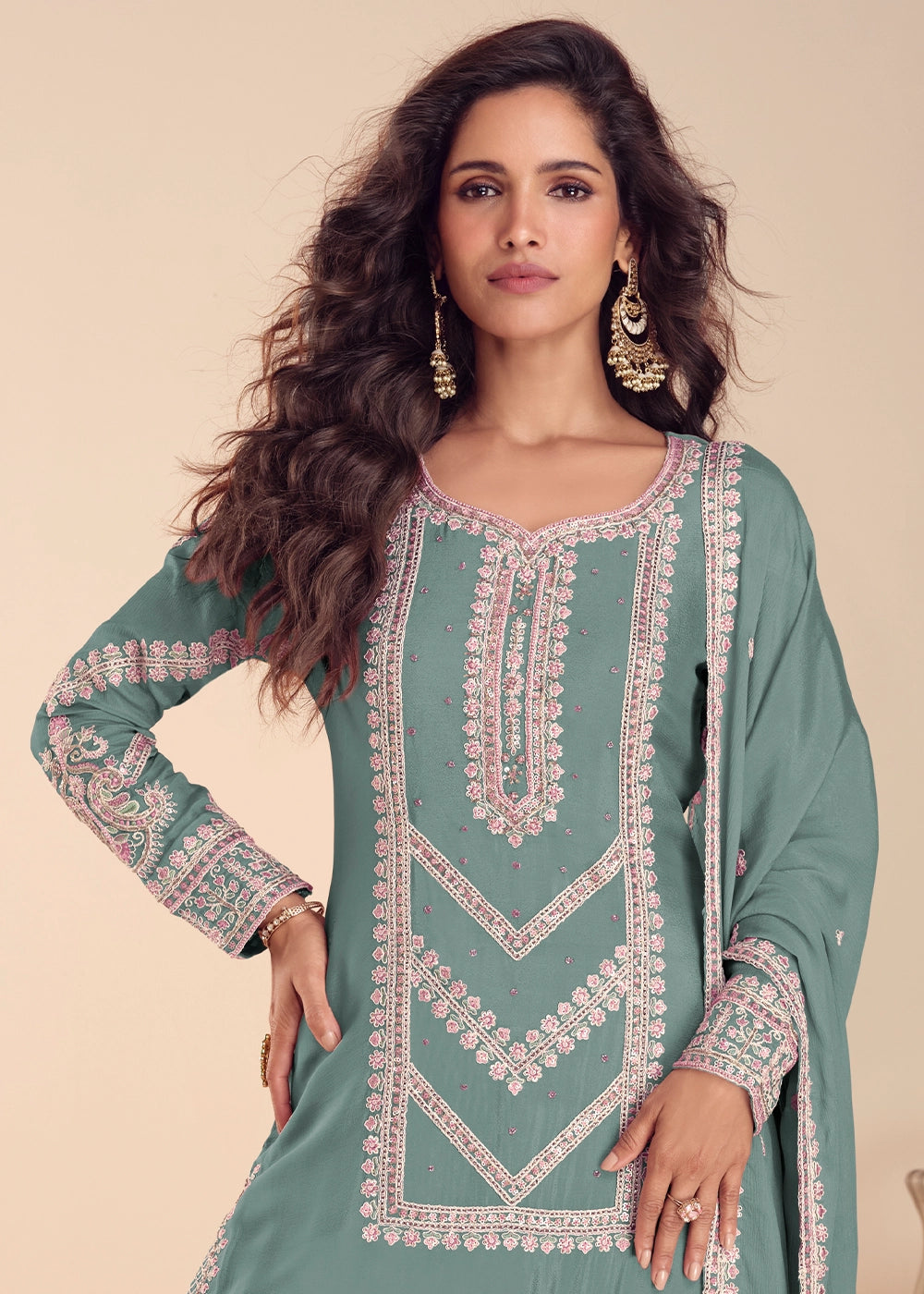 Blizzard Blue Chinon Silk Palazzo Suit with Intricate Embroidery