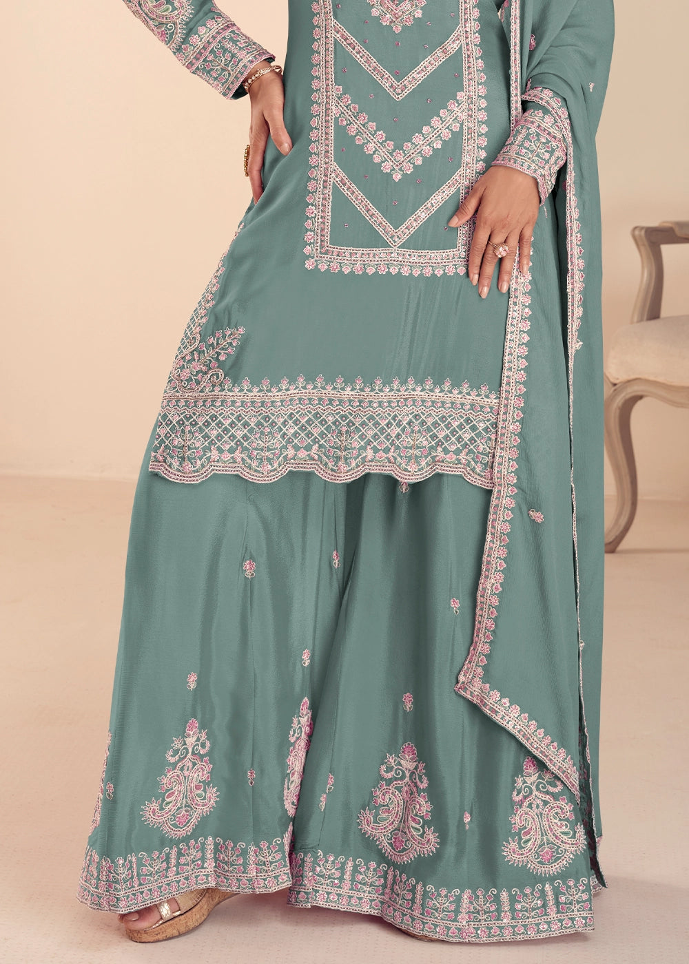 Blizzard Blue Chinon Silk Palazzo Suit with Intricate Embroidery