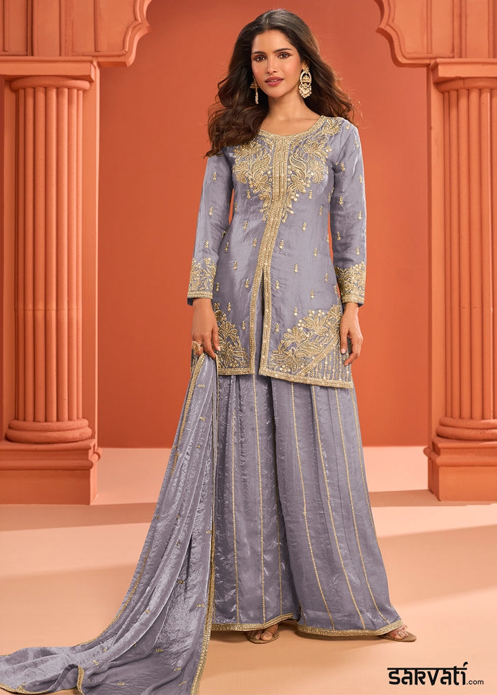 Flint Grey Premium Silk Palazzo Suit with Embroidered Detailing