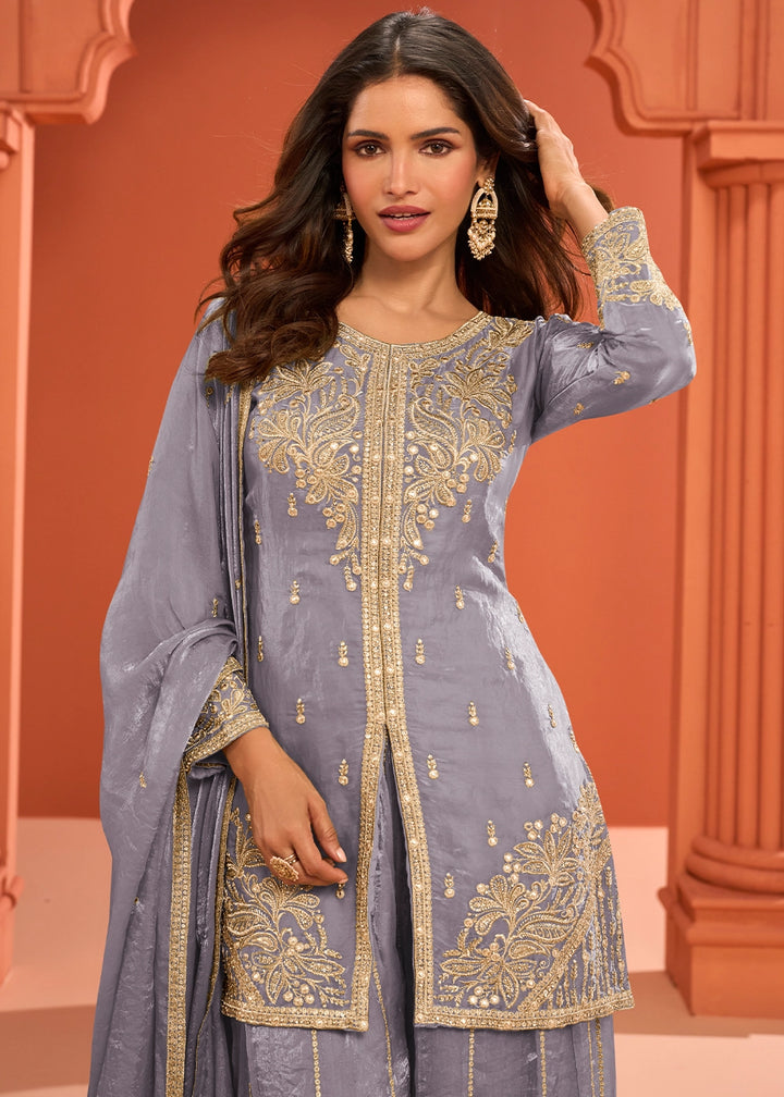 Flint Grey Premium Silk Palazzo Suit with Embroidered Detailing