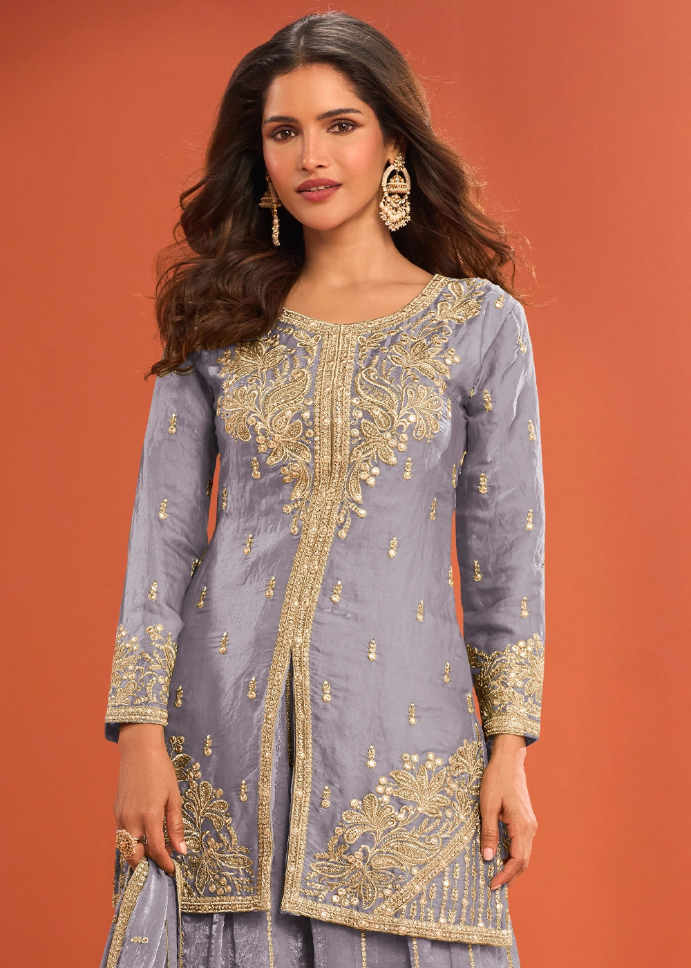 Flint Grey Premium Silk Palazzo Suit with Embroidered Detailing