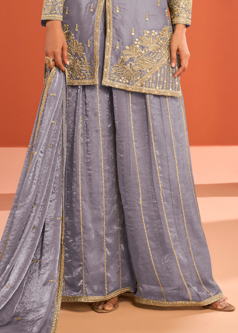 Flint Grey Premium Silk Palazzo Suit with Embroidered Detailing