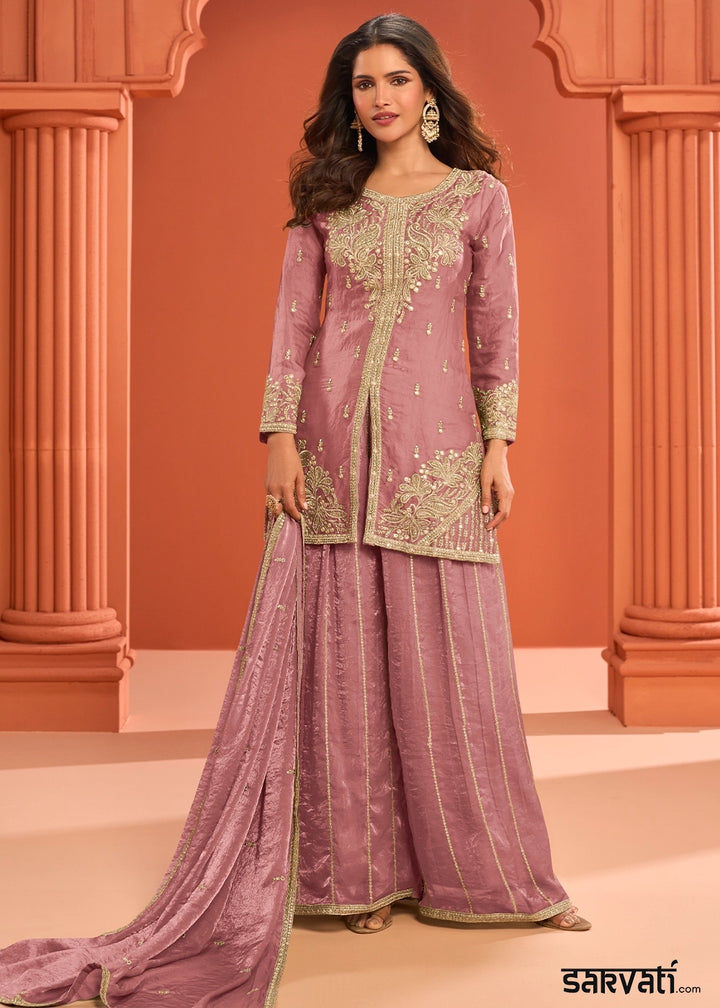 Lilac Purple Premium Silk Palazzo Suit with Embroidered Detailing