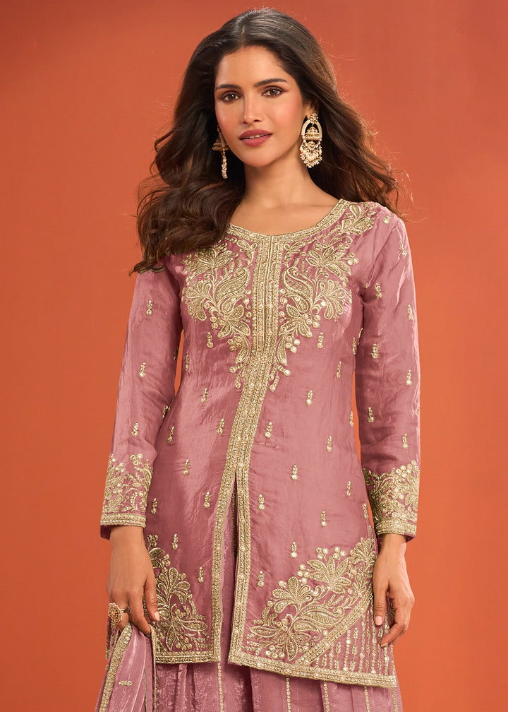 Lilac Purple Premium Silk Palazzo Suit with Embroidered Detailing
