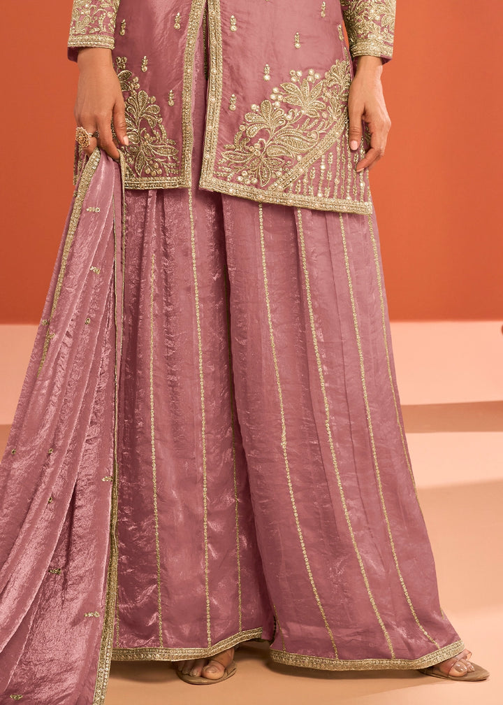 Lilac Purple Premium Silk Palazzo Suit with Embroidered Detailing
