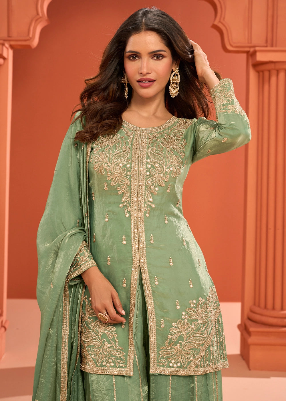 Pistachio Green Premium Silk Palazzo Suit with Embroidered Detailing