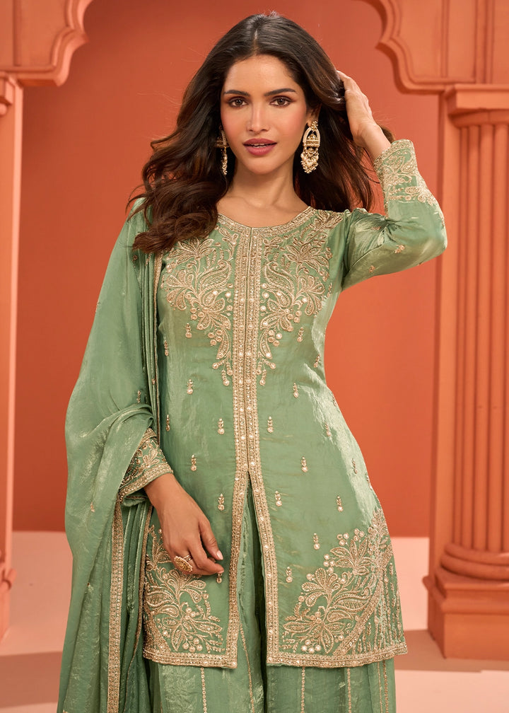Pistachio Green Premium Silk Palazzo Suit with Embroidered Detailing