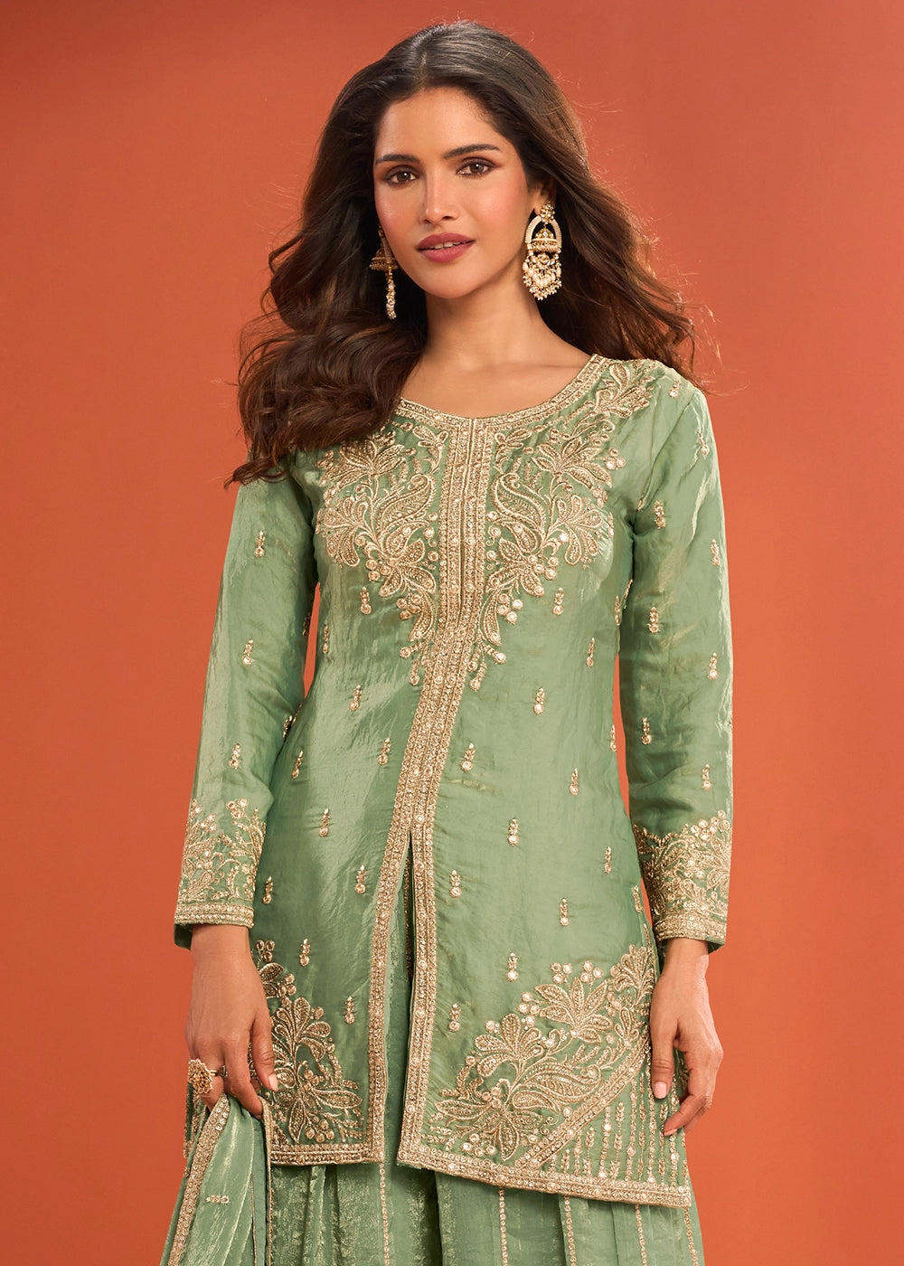 Pistachio Green Premium Silk Palazzo Suit with Embroidered Detailing