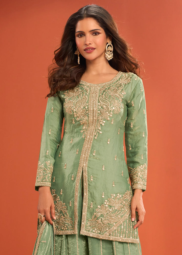 Pistachio Green Premium Silk Palazzo Suit with Embroidered Detailing
