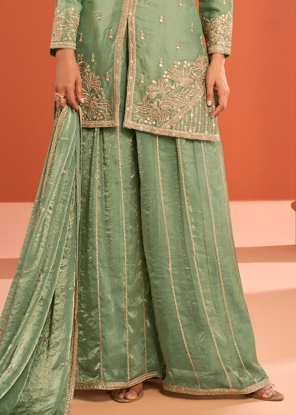 Pistachio Green Premium Silk Palazzo Suit with Embroidered Detailing