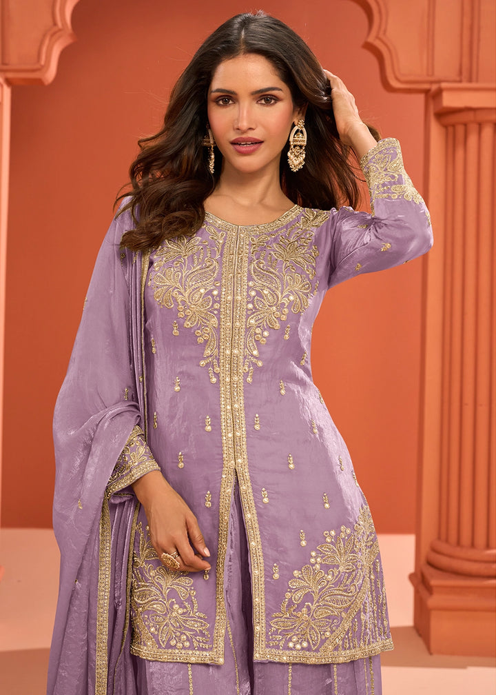Wisteria Purple Premium Silk Palazzo Suit with Embroidered Detailing