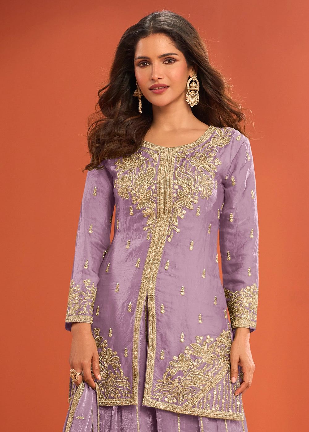 Wisteria Purple Premium Silk Palazzo Suit with Embroidered Detailing