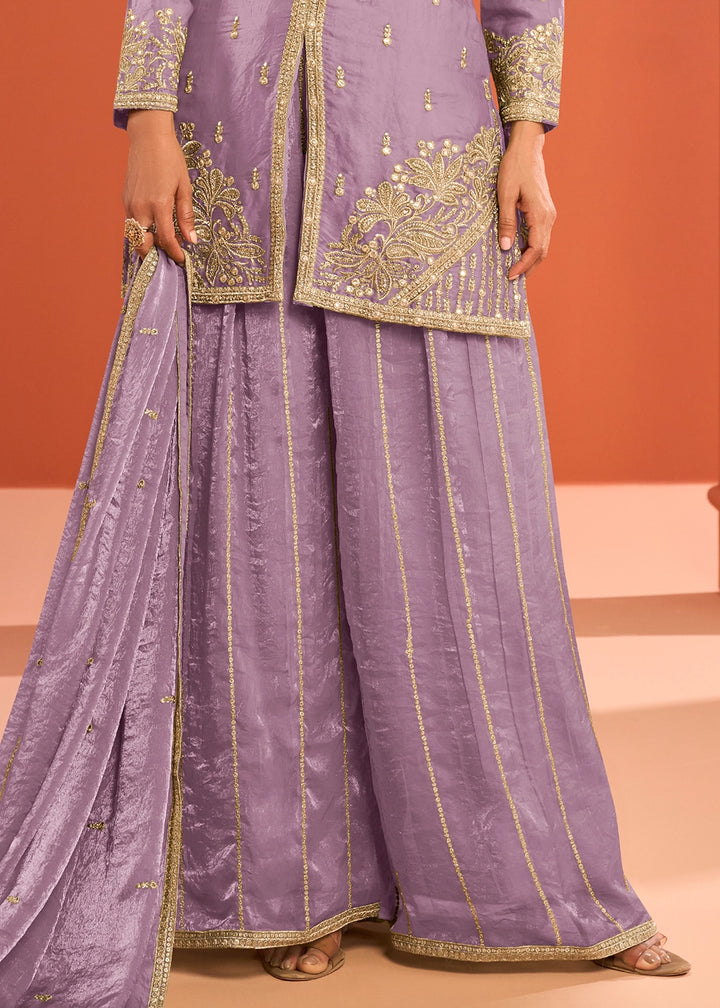 Wisteria Purple Premium Silk Palazzo Suit with Embroidered Detailing