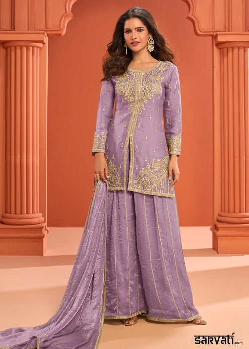 Wisteria Purple Premium Silk Palazzo Suit with Embroidered Detailing