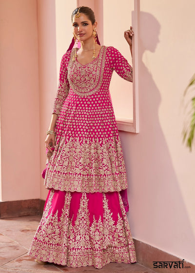 Hot Pink Georgette Skirt and Top Ensemble with All-Over Embroidery