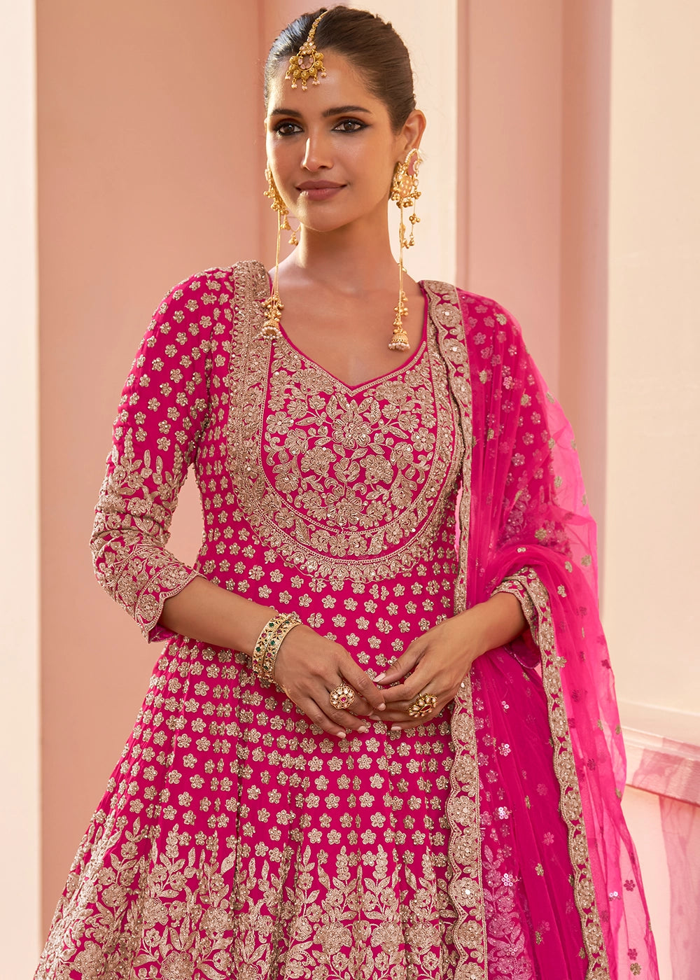 Hot Pink Georgette Skirt and Top Ensemble with All-Over Embroidery
