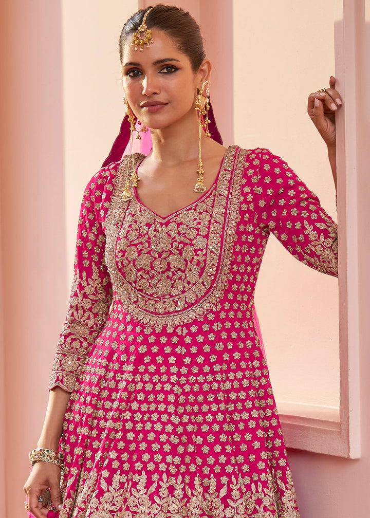 Hot Pink Georgette Skirt and Top Ensemble with All-Over Embroidery
