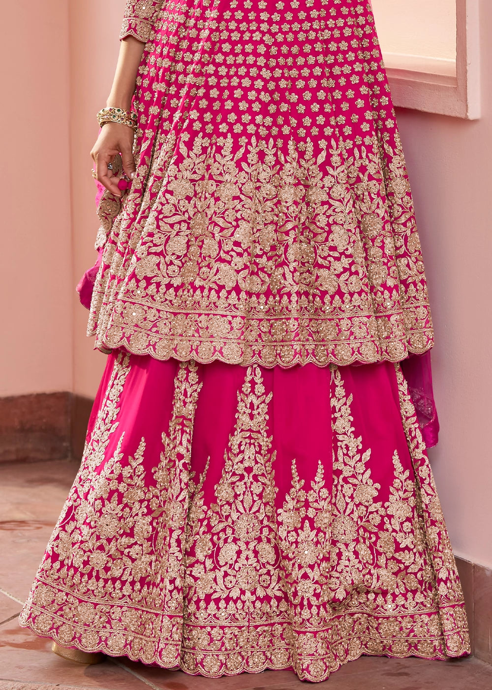 Hot Pink Georgette Skirt and Top Ensemble with All-Over Embroidery