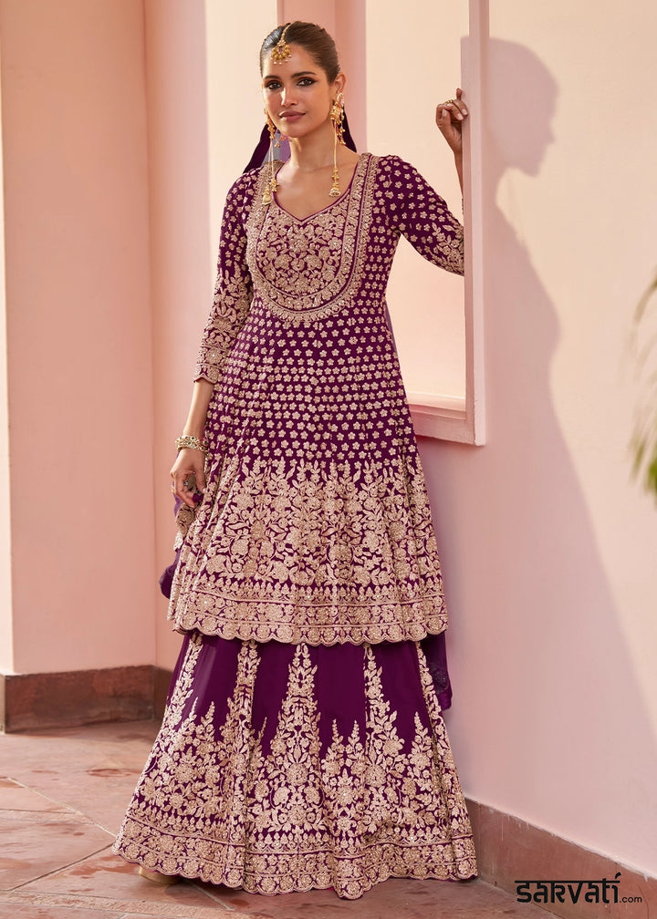 Plum Purple Georgette Skirt and Top Ensemble with All-Over Embroidery