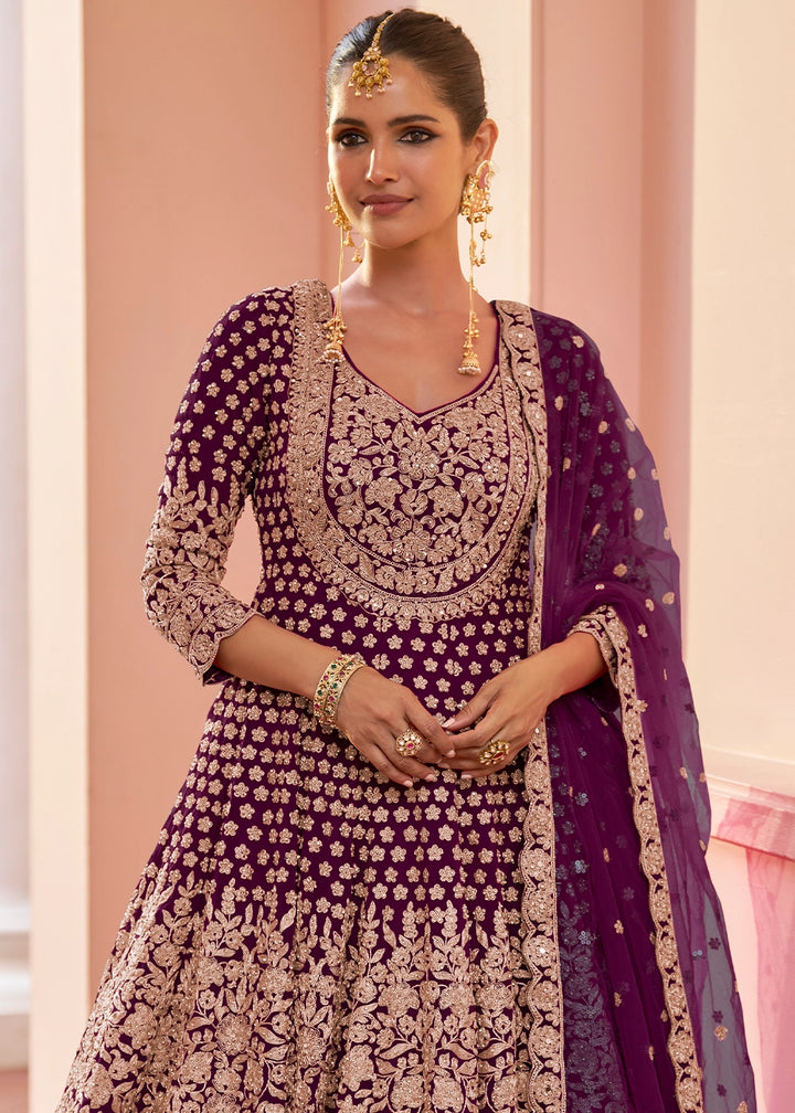 Plum Purple Georgette Skirt and Top Ensemble with All-Over Embroidery