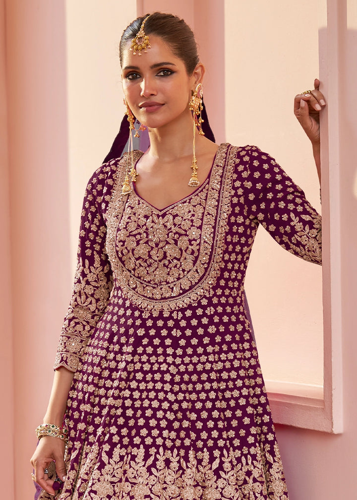 Plum Purple Georgette Skirt and Top Ensemble with All-Over Embroidery