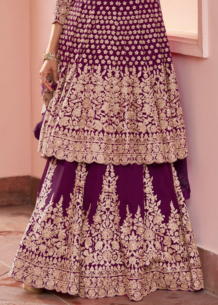 Plum Purple Georgette Skirt and Top Ensemble with All-Over Embroidery