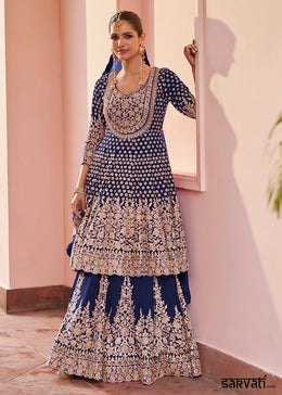 Berry Blue Georgette Skirt and Top Ensemble with All-Over Embroidery