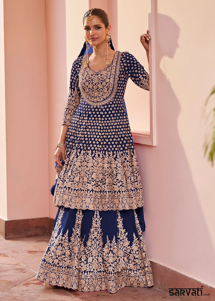 Berry Blue Georgette Skirt and Top Ensemble with All-Over Embroidery
