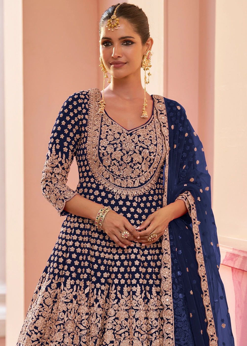 Berry Blue Georgette Skirt and Top Ensemble with All-Over Embroidery