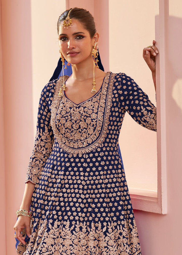 Berry Blue Georgette Skirt and Top Ensemble with All-Over Embroidery