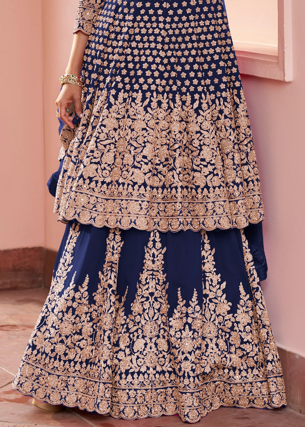 Berry Blue Georgette Skirt and Top Ensemble with All-Over Embroidery