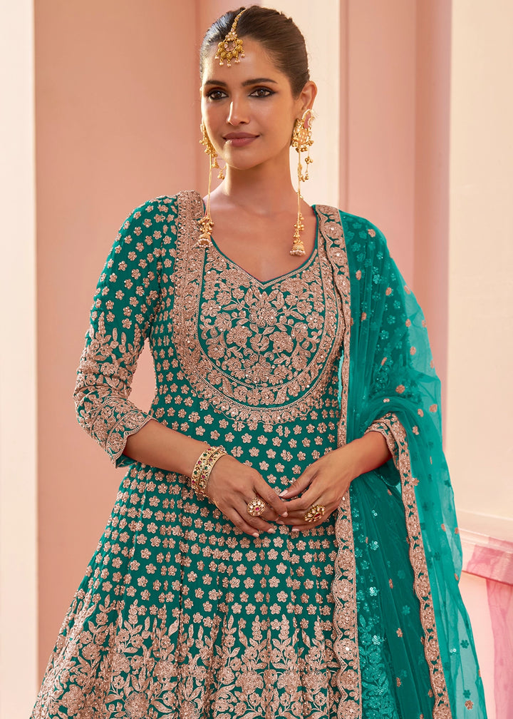 Persian Green Georgette Skirt and Top Ensemble with All-Over Embroidery