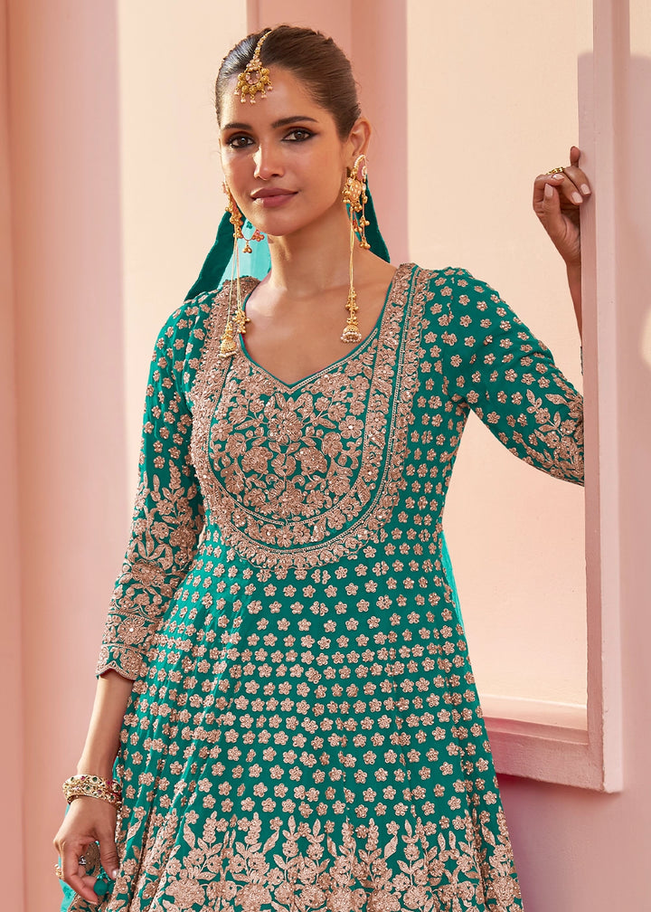 Persian Green Georgette Skirt and Top Ensemble with All-Over Embroidery