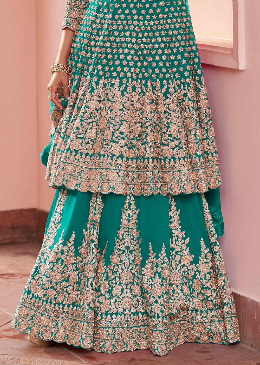 Persian Green Georgette Skirt and Top Ensemble with All-Over Embroidery